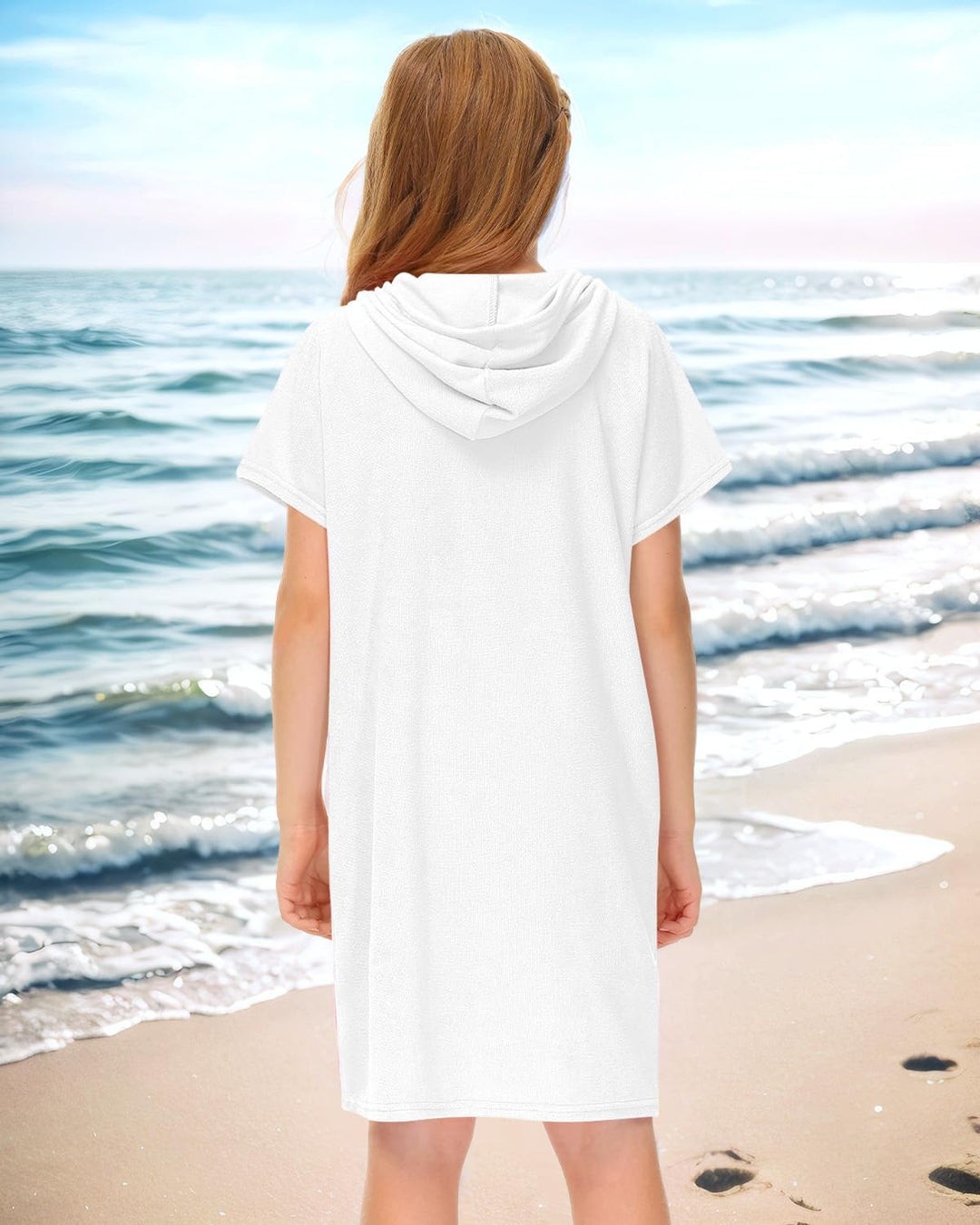 BesserBay Mädchen Badeponcho Kapuze Poncho mit Taschen Zip Cover Up Kinder Unisex 120-160 130 Weiss,