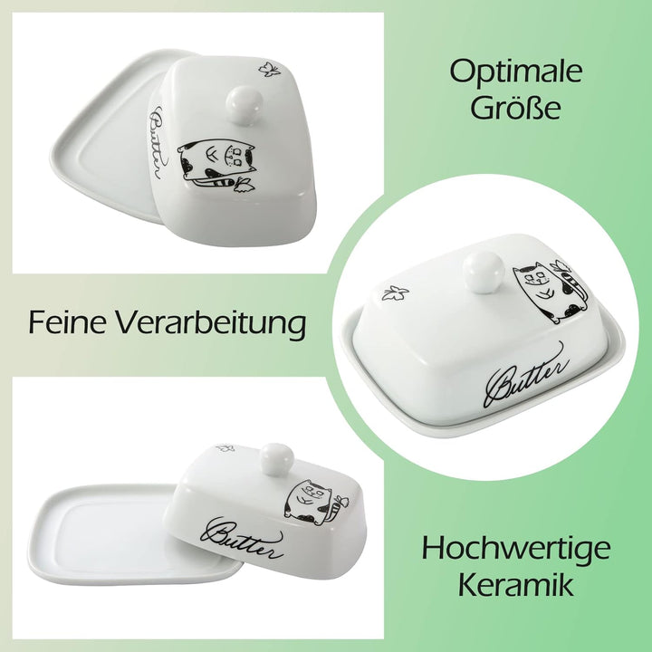 Butterdose mit Griff für 250g Butter, Hochwertige Keramik, Weiss mit Schwarzem Katzenmuster, Porzell