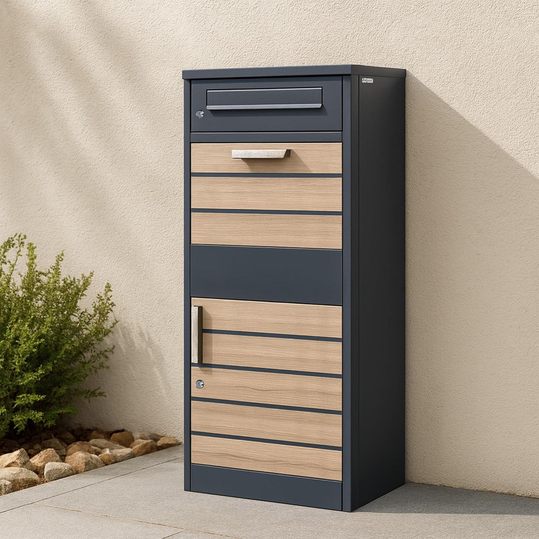 Zelsius Briefkasten mit Paketfach Terra | pulverbeschichteter Stahl mit Elementen in Holzoptik | RAL