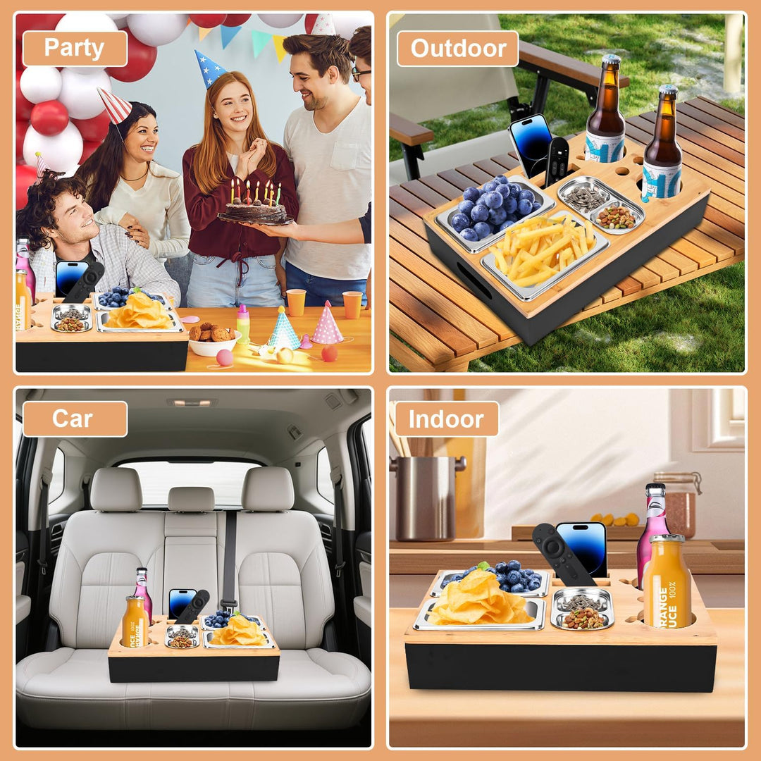 Couchbar Snackbox Schwarz Mit Snackschalen Aus Edelstahl Sofa Tablett Geeignet für Wohnzimmer, Sofa,
