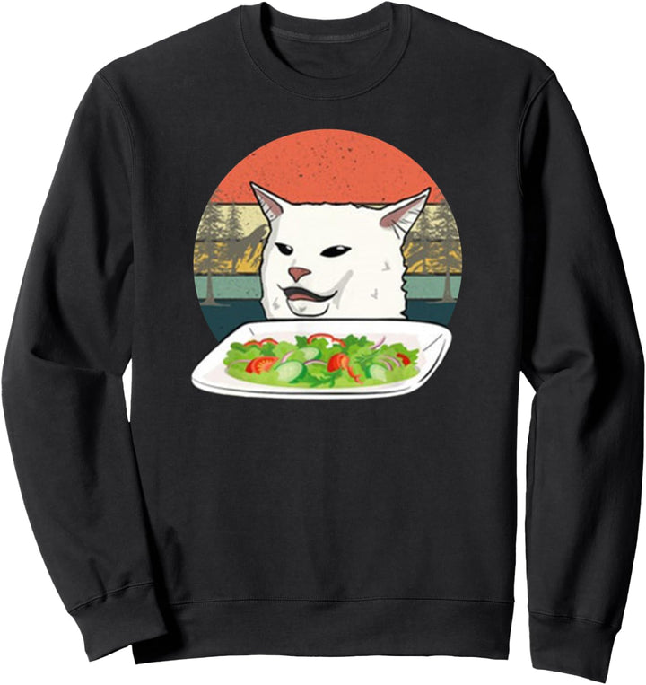 Angry women yelling at confused cat at dinner table meme Sweatshirt