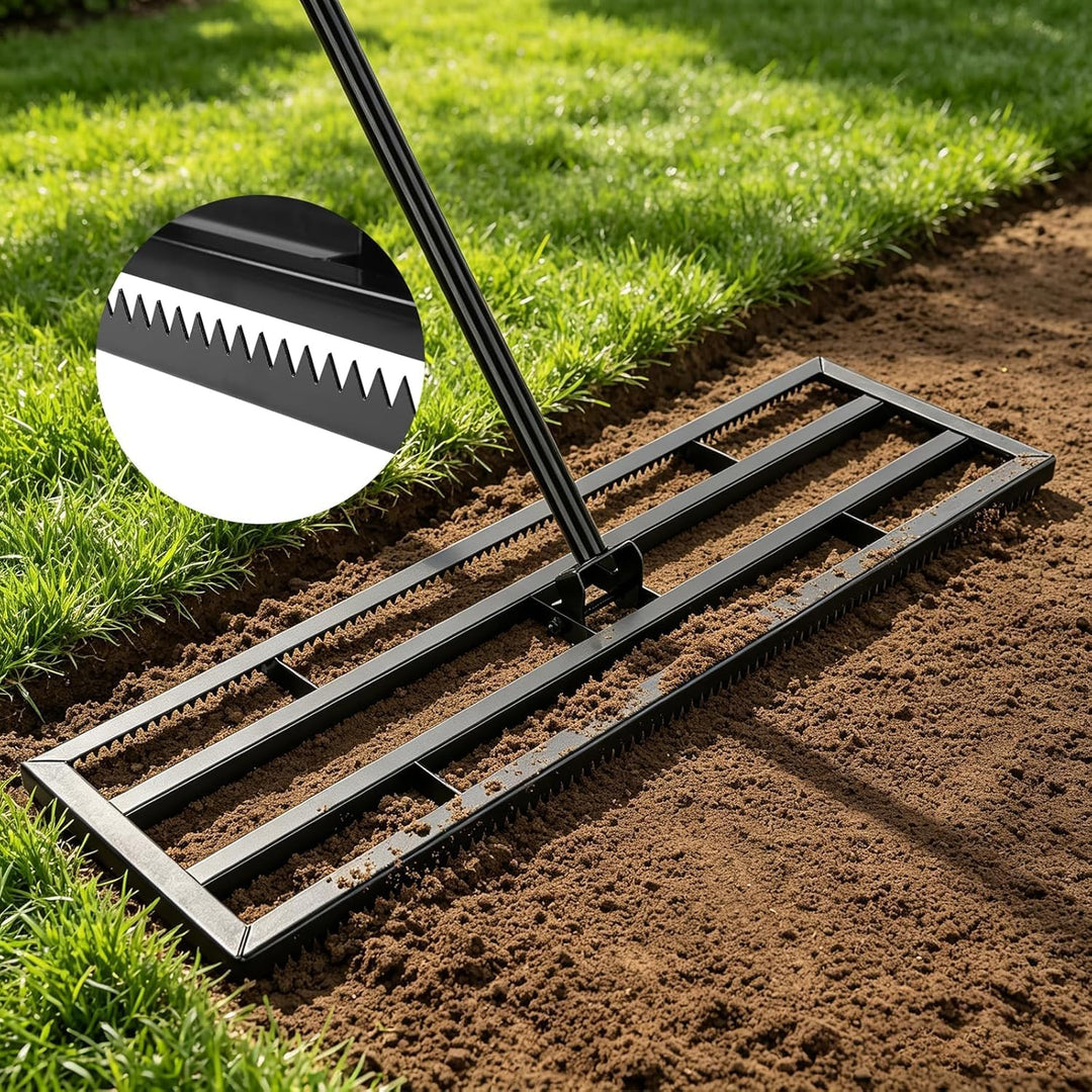 Rasen Nivellierrechen 43x25cm mit Gezahnte Seite und 199 cm Langer Griff, 2-In-1 Rasen-Nivelliergera