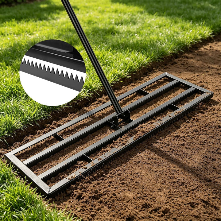 Rasen Nivellierrechen 43x25cm mit Gezahnte Seite und 199 cm Langer Griff, 2-In-1 Rasen-Nivelliergera