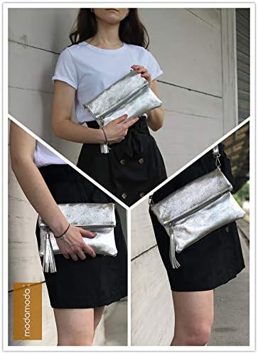 modamoda de - T167 - ital Clutch Umhängetasche Leder Klein Saphirblau, Saphirblau