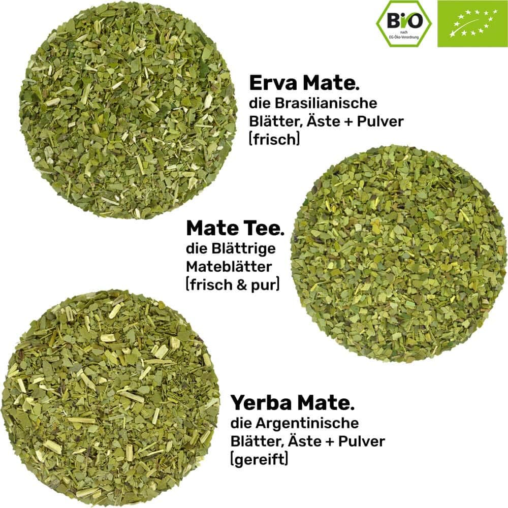 Mate Tee Set Bio ● 3 Matesorten + 2 doppelwandige Edelstahl Matebecher + 2 Bombillas + Zubereitungsa