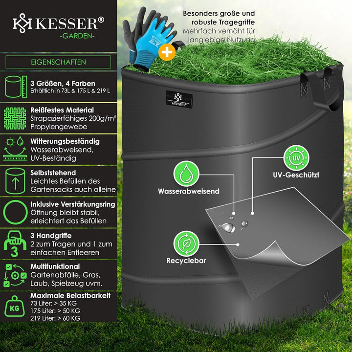 KESSER® Pop-Up-Gartensack 3x 219L Set Laubsack Gartenabfallsack inkl. Handschuhe | Selbststehend mit
