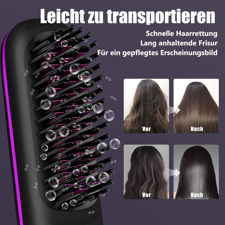 Kabellose Haarglätterbürste, Glättbürste Stylingbürste mit Keramik Borsten für Frauen, Wiederaufladb