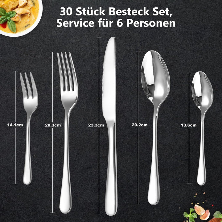 Targizer Besteck Set für 6 Personen,30 teilig Edelstahl Besteckset,Essbesteck Set mit Messer Gabel L