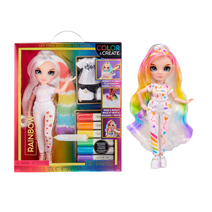 Rainbow High Color & Create DIY Modepuppe - Blaue Augen, glattes Haar, extra Top & Schuhe, abwaschba