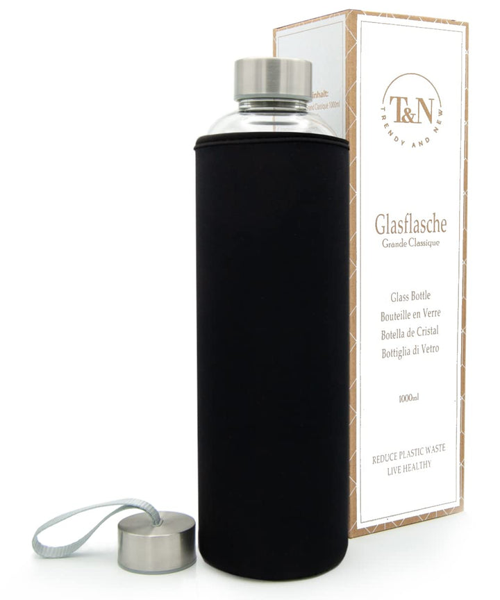 T&amp;N Glasflasche 1 Liter / 750ml / 500ml – Trinkflasche Glas 1l mit Neoprenhülle – Wasserflasche Ausl