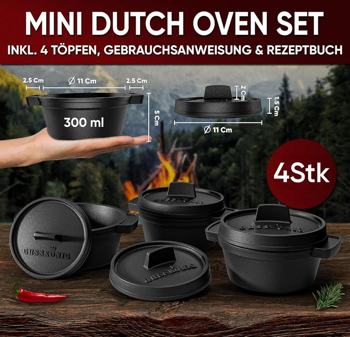 GUSSKÖNIG Dutch Oven Set Mini - 4x 300ml Gusseisen Mini Topf mit Deckel - bereits eingebrannter Mini