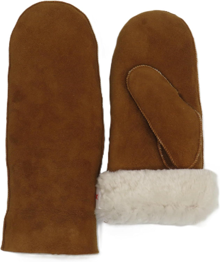 Lammfell Handschuhe Fäustlinge, Fausthandschuhe aus Merino Lammfell, Cognac - braun - olive, Damen -