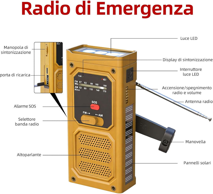Notfall-Solarradio, Tragbare Kurbelradio mit SOS-Alarm, LED-Taschenlampe, AM/FM Notfallradio mit 200