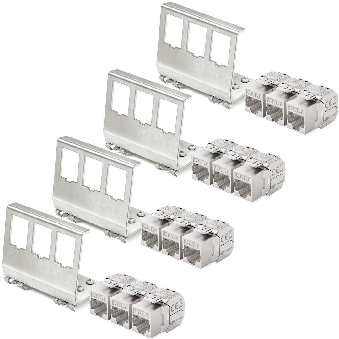 hb-digital Set: 12X CAT.7 Keystone RJ45 Modul + 4X Hutschienenadapter Metall Keystone-Halterung für