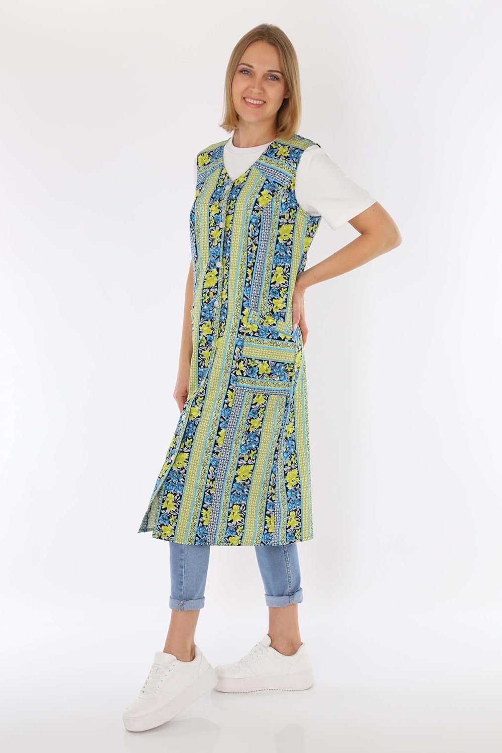 Knopfkittel Baumwolle bunt Kochschürze Hauskleid Kittel Schürze ohne Arm 46 Grün, 46 Grün