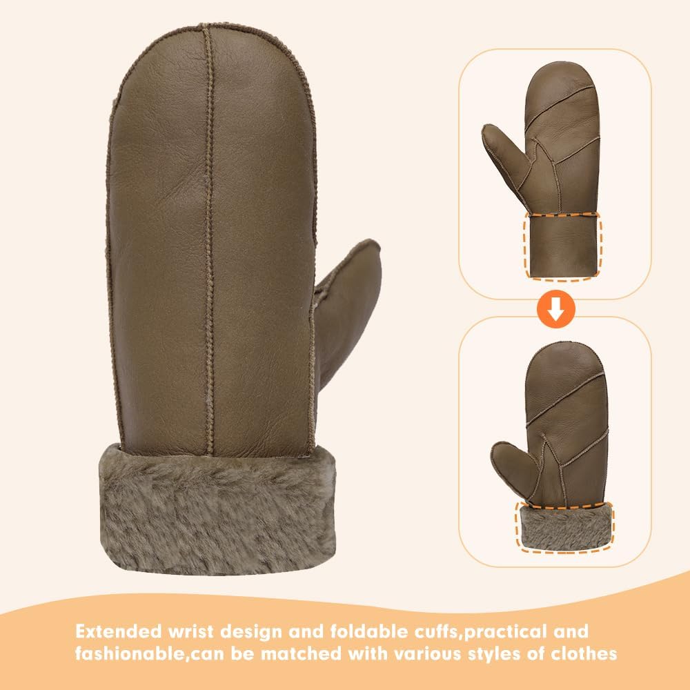 MGGMOKAY Damen Lammfell Shearling Fäustlinge Warme Winter Lederhandschuhe XXL Hellbraun, XXL Hellbra