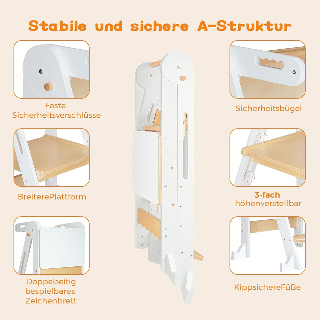 Montessori Lernturm Klappbar, Lernturm ab 1 Jahr mit Reissbrett/Sicherheitshandlauf, Learning Tower