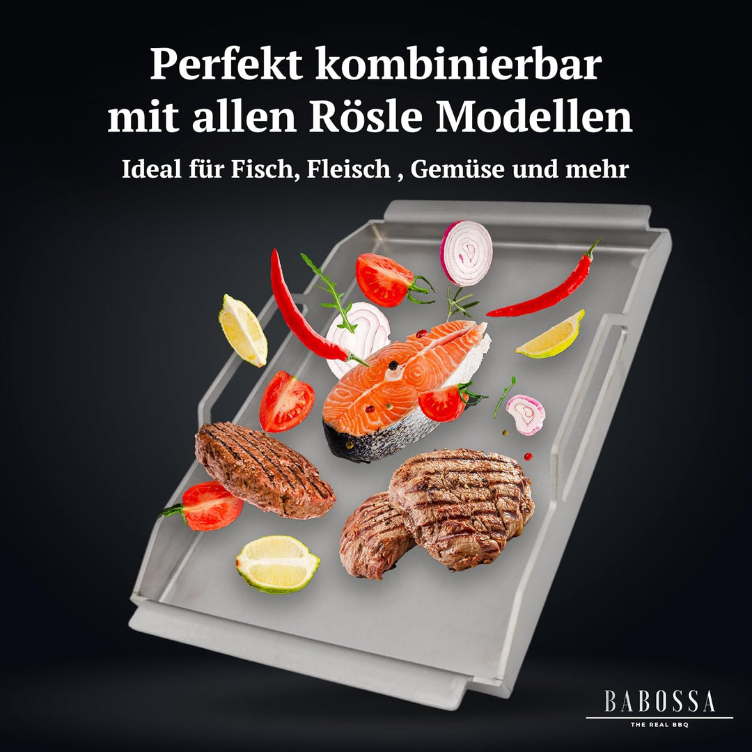 BABOSSA Premium Einsatzpfanne/Plancha kompatibel mit allen Rösle Modellen | 45x23.5cm | Massiv, verz