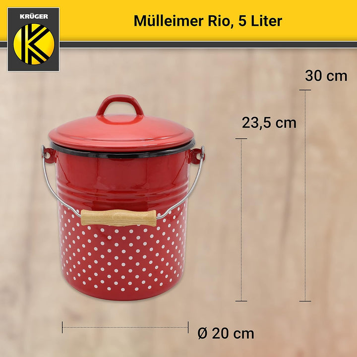 KRÜGER Mülleimer mit Deckel - Stahl Abfalleimer mit Emaille-Beschichtung und Holzgriff - schnitt- un
