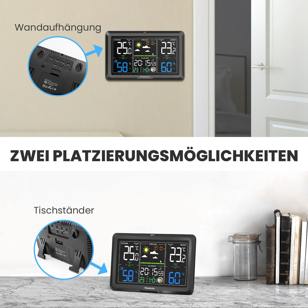 Newentor Wetterstation Funk mit Aussensensor - 3 Einstellbare Helligkeit - Funkwetterstation mit Wet