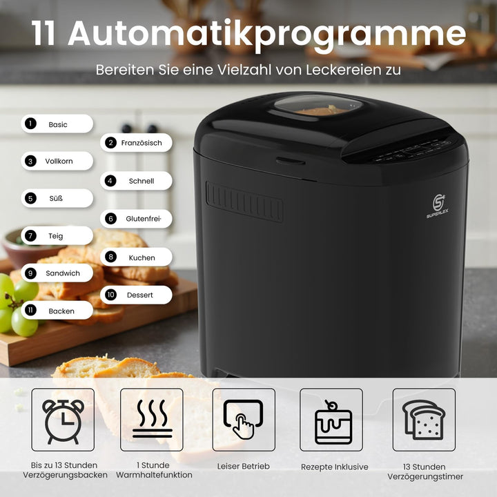 Brotbackautomat 550W Bread Maker Machine Brotbackautomaten mit 11 Programme 2 Grössen 700g 900g LCD