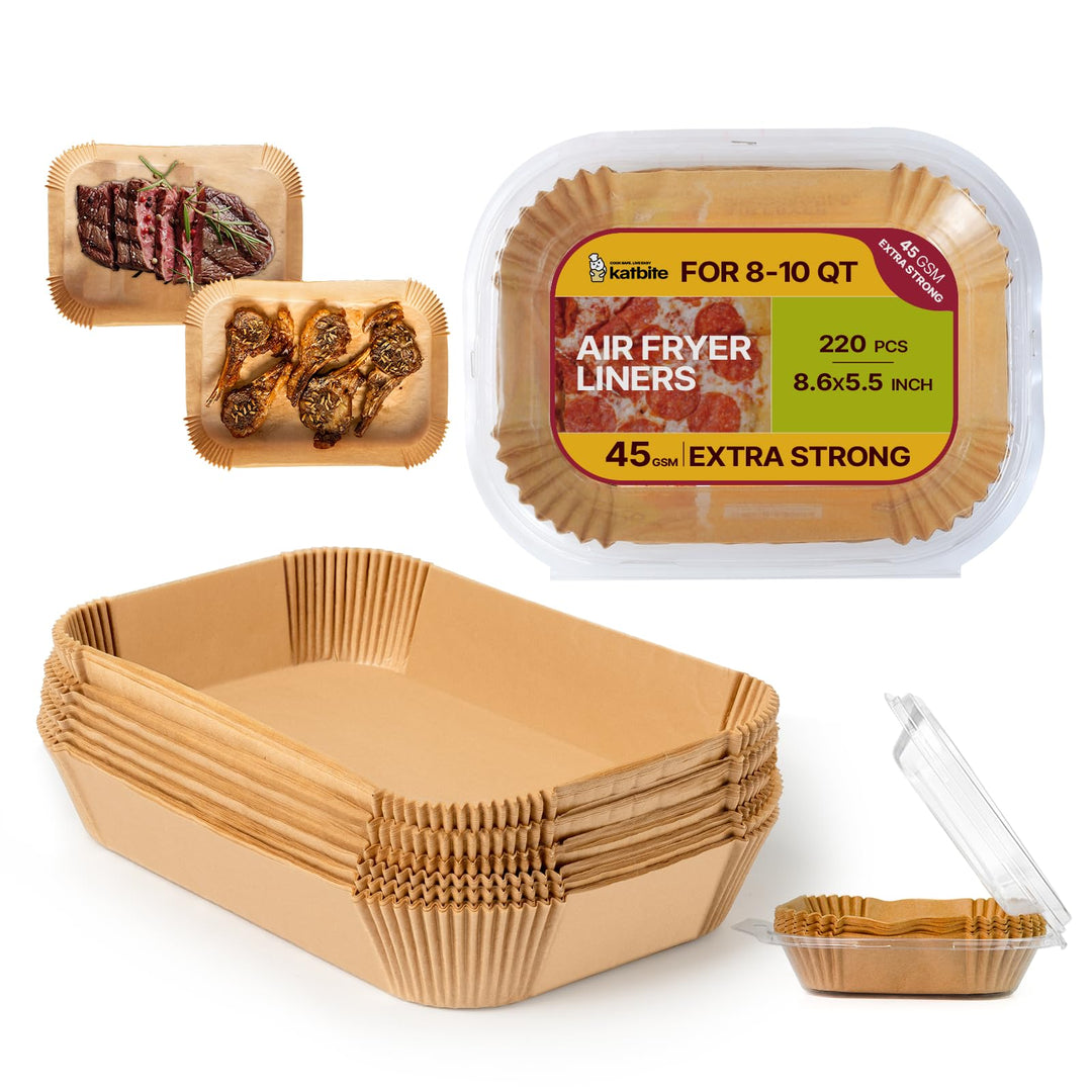 Katbite 220 Stück Backpapier für Heissluftfritteuse mit Doppelkammer, 20.5x14cm Airfryer Papier Line