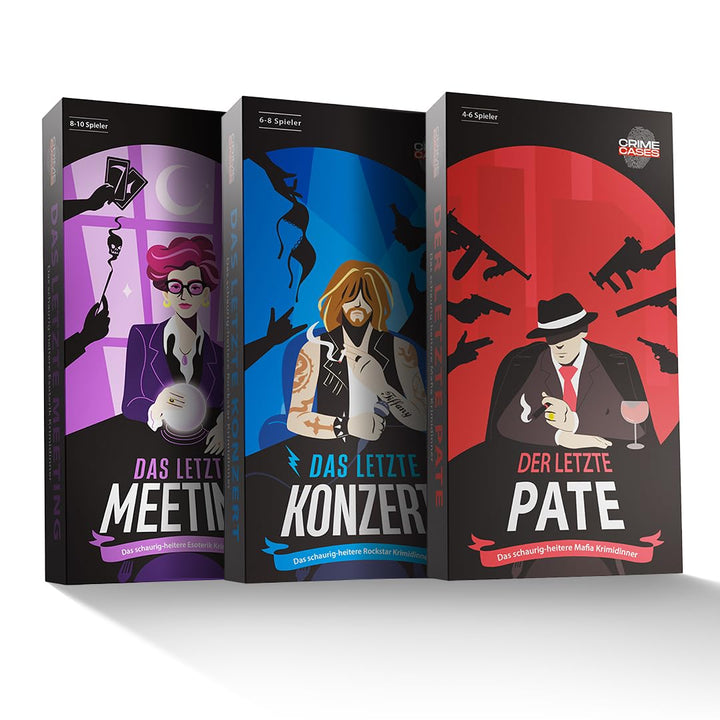 CRIMECASES Krimidinner Bundle 4-10 Personen | 3 Spiele mit Motto: Mafia, Konzert, Firmenfeier | Der