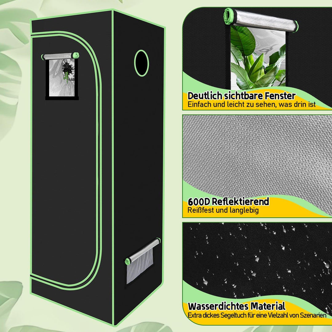 Sonnewelt Growzelt, 600D Oxford Growbox, 60x60x180 cm Grow Tent, Lichtdicht und Wasserdicht Growschr