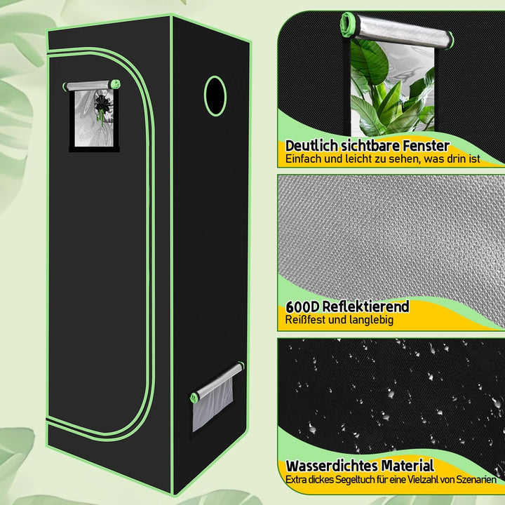 Sonnewelt Growzelt, 600D Oxford Growbox, 60x60x180 cm Grow Tent, Lichtdicht und Wasserdicht Growschr