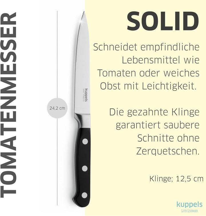 Kuppels SOLID Küchenmesser Set 3-teilig, Tomatenmesser mit Wellenschliff, Spickmesser & Schälmesser