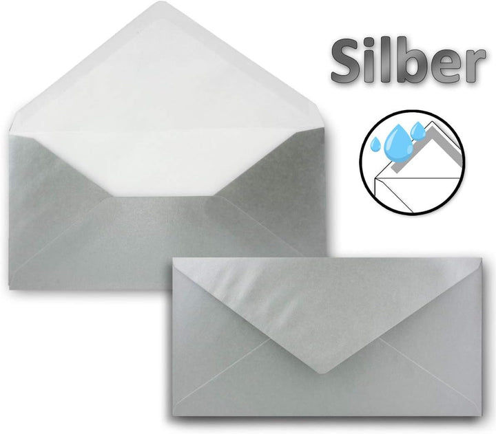 200 Brief-Umschläge Silber Metallic DIN Lang - 110 x 220 mm (11 x 22 cm) - Nassklebung ohne Fenster
