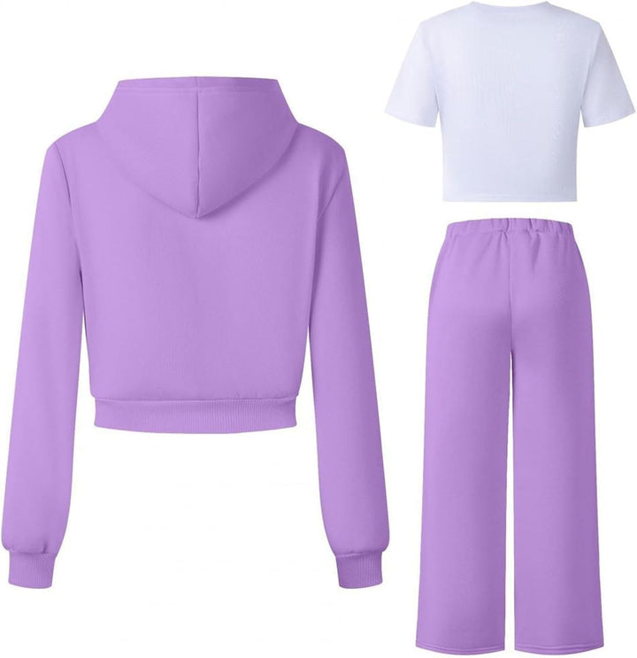 Generisch Mädchen Jogginganzug 3-teilig mit weiter Hose - Set aus Zip-Hoodie, Sweathose und Top · Lä