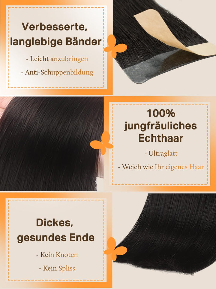 DOORES Extensions Echthaar Tape in, Tief Schwarz 55cm (22zoll) 50g 20pcs, Remy Haarextension Tape in