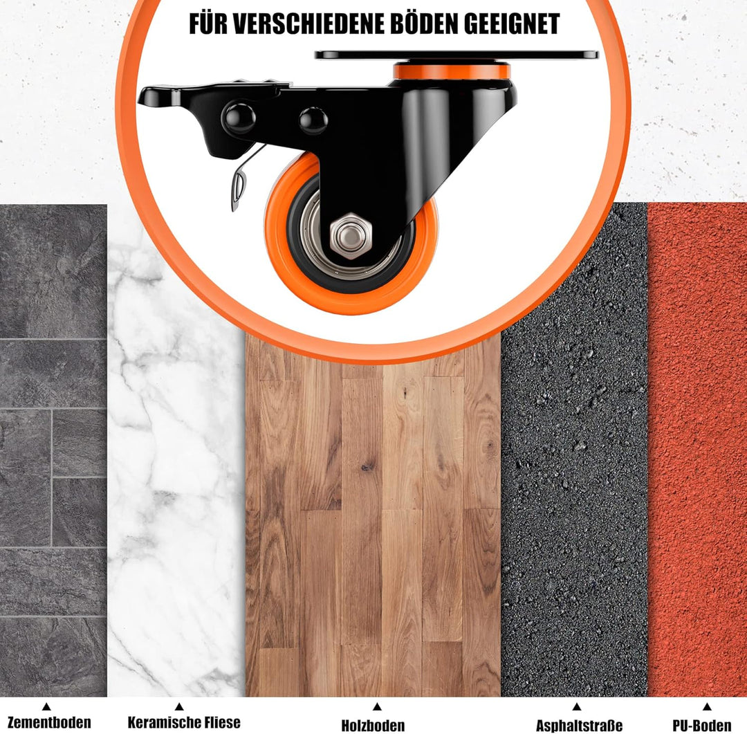 4 Stück Möbelrollen Ø50mm mit Bremsen inkl. Montagezubehör Lenkrollen Transportrollen 360° Drehung b