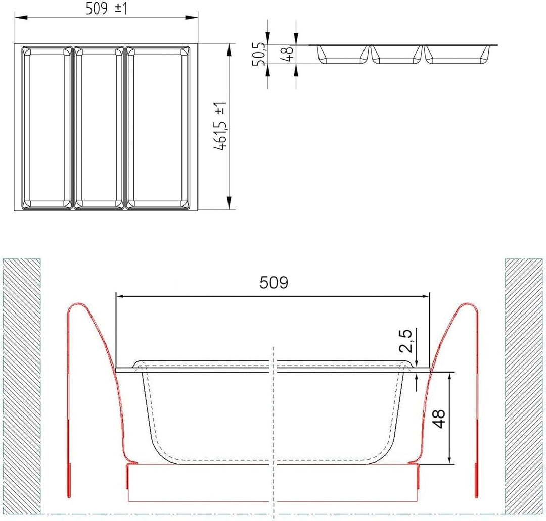ORGA-BOX 2 Multifunktionseinsatz Tiefe: 461 x Breite: 509 mm anthrazit mit Canvas Struktur für 60er