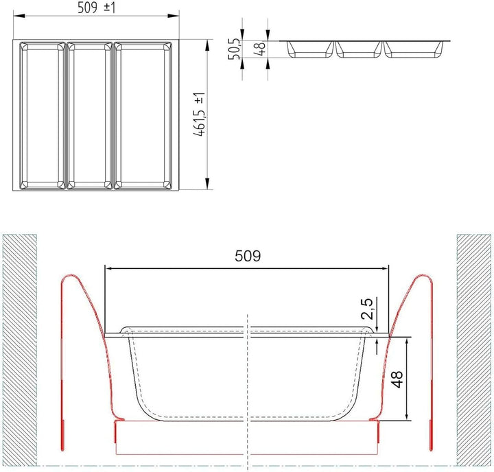 ORGA-BOX 2 Multifunktionseinsatz Tiefe: 461 x Breite: 509 mm anthrazit mit Canvas Struktur für 60er