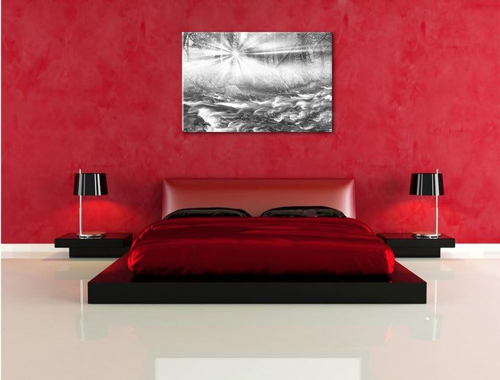 Pixxprint Nebeldickicht im Wald Kunst B&amp;W, Format: 100x70 auf Leinwand, 100x70