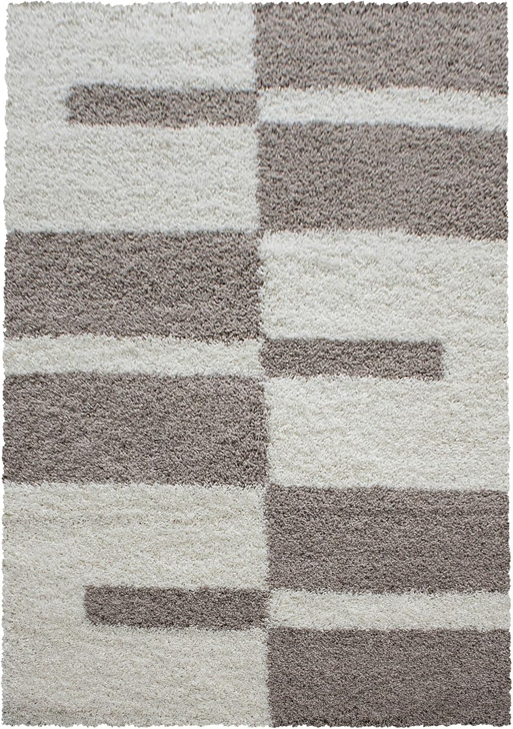 Carpetsale24 Teppich Wohnzimmer Moderne Kariert Design Shaggy Flokati 140 x 200 cm Beige-Creme - Hoc