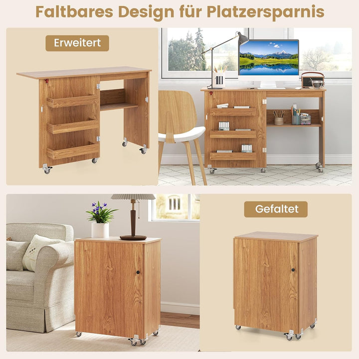 COSTWAY 2 in 1 Nähtisch klappbar, Nähmaschinenschrank aus Holz mit Regalen & Ablagefach, Nähschrank