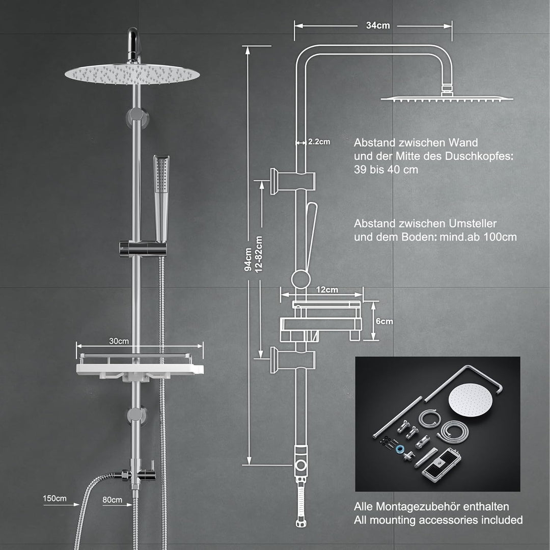 Görbach Regendusche Duschsystem Duschset mit Ablage Duschstangeset ohne Duscharmatur Chrom (D25) YT-