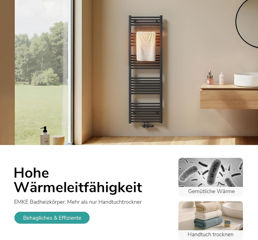 EMKE Badheizkörper Gerade 1800x600 mm - Handtuchheizkörper mit Mittelanschluss, Effizienter Handtuch