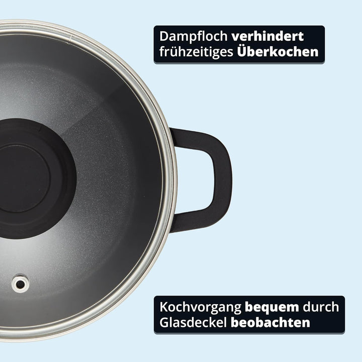 KHG Topf Kochtopf 20 cm Induktion Antihaftbeschichtung 2 Liter | Schwarz Aluminium mit Glasdeckel |