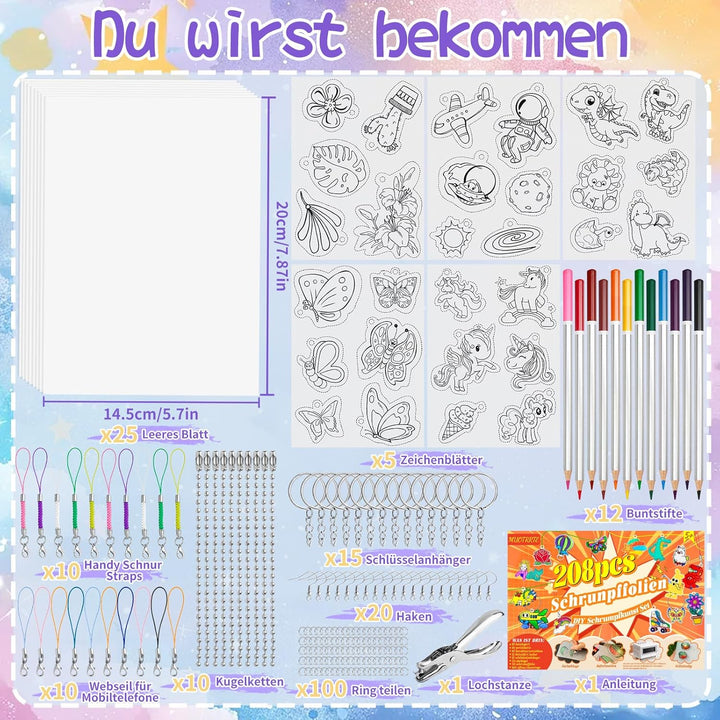 Gushu 208 Stück Schrumpffolie Set zum Schlüsselanhänger set, Bastelset 30 A5 Schrumpffolie,165 Schlü
