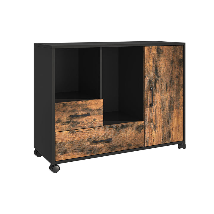 Relaxdays Rollcontainer 2 Schubladen, 4 Fächer, HBT: 70x90x35 cm, Rollwagen mit Tür, Büroregal Indus