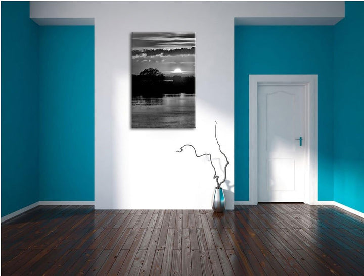 Pixxprint Monocrome, romantischer Sonnenuntergang über Fluss, Format: 100x70 auf Leinwand, 100x70