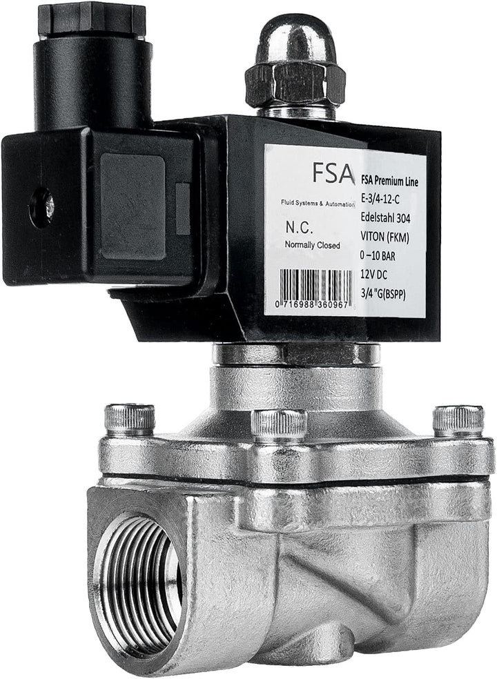 FSA Magnetventil Edelstahl 304 3/4" 12V DC 0-10 bar Viton stromlos geschlossen, 3/4" 12v Dc