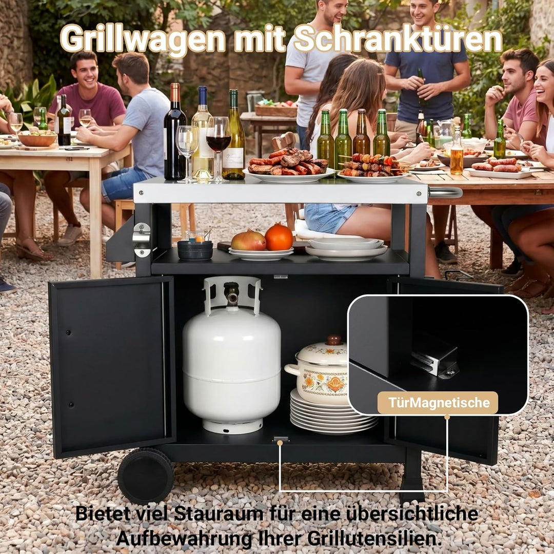 TLSUNNY Grilltisch Outdoor, Grillwagen mit Edelstahl Tischplatte 75x50 cm, Grill Trolley mit Untersc