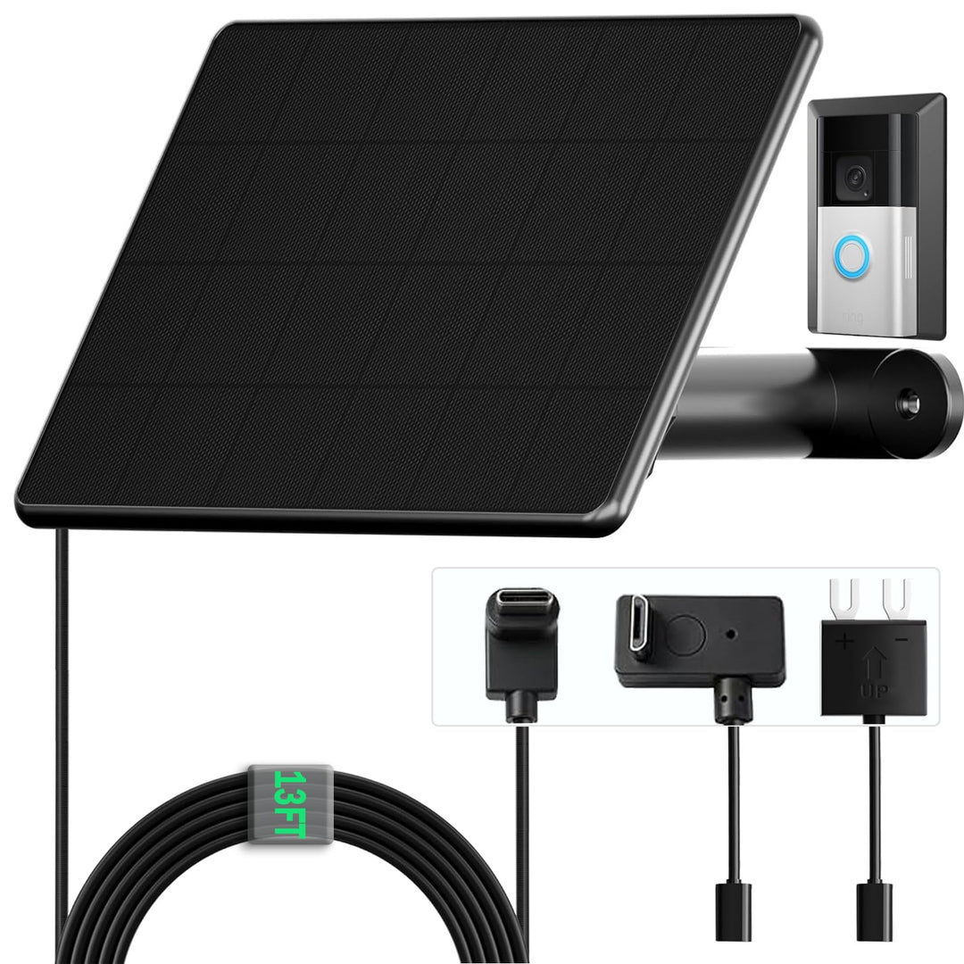 6W Solarladegerät für batteriebetriebene Ring-Türklingeln, 4m Ladekabel, Micro-USB & Type C & Gabel-