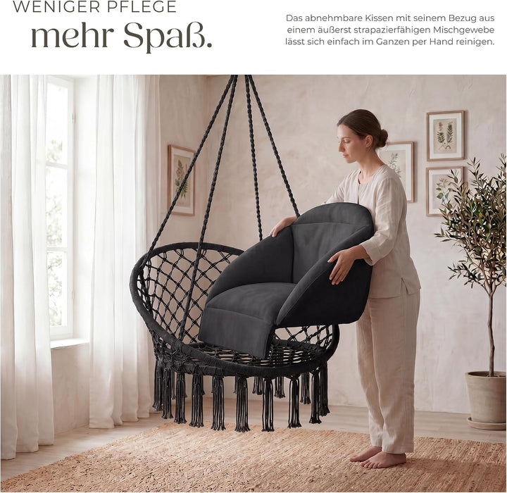 tectake® Hängesessel, Hängeschaukel mit dicken Kissen & Quasten, Boho Hängekorb Ø 80 cm, Hängesessel