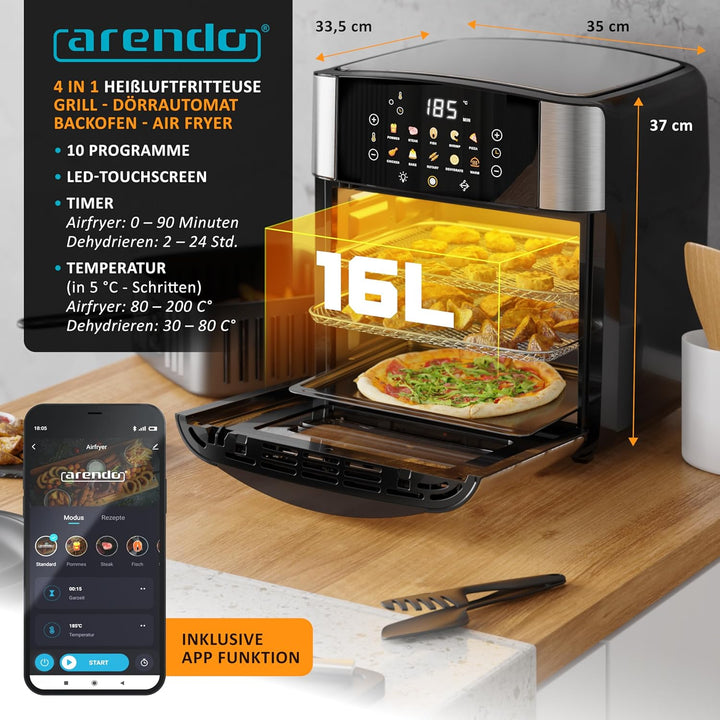Arendo - Wlan Heissluftfritteuse XXL 16 Liter - Smart WiFi mit App - extra Gross 16 Liter - Backofen